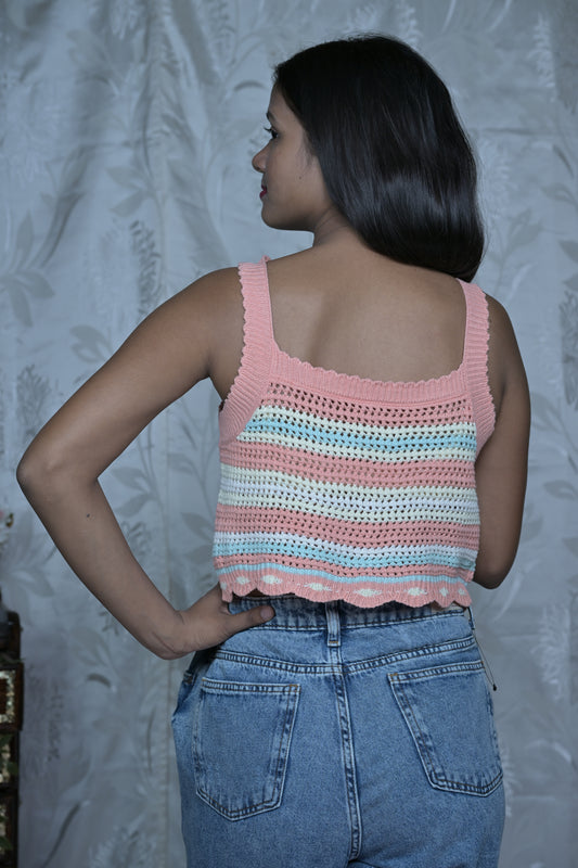 Pink and White Striped Crochet Crop Top