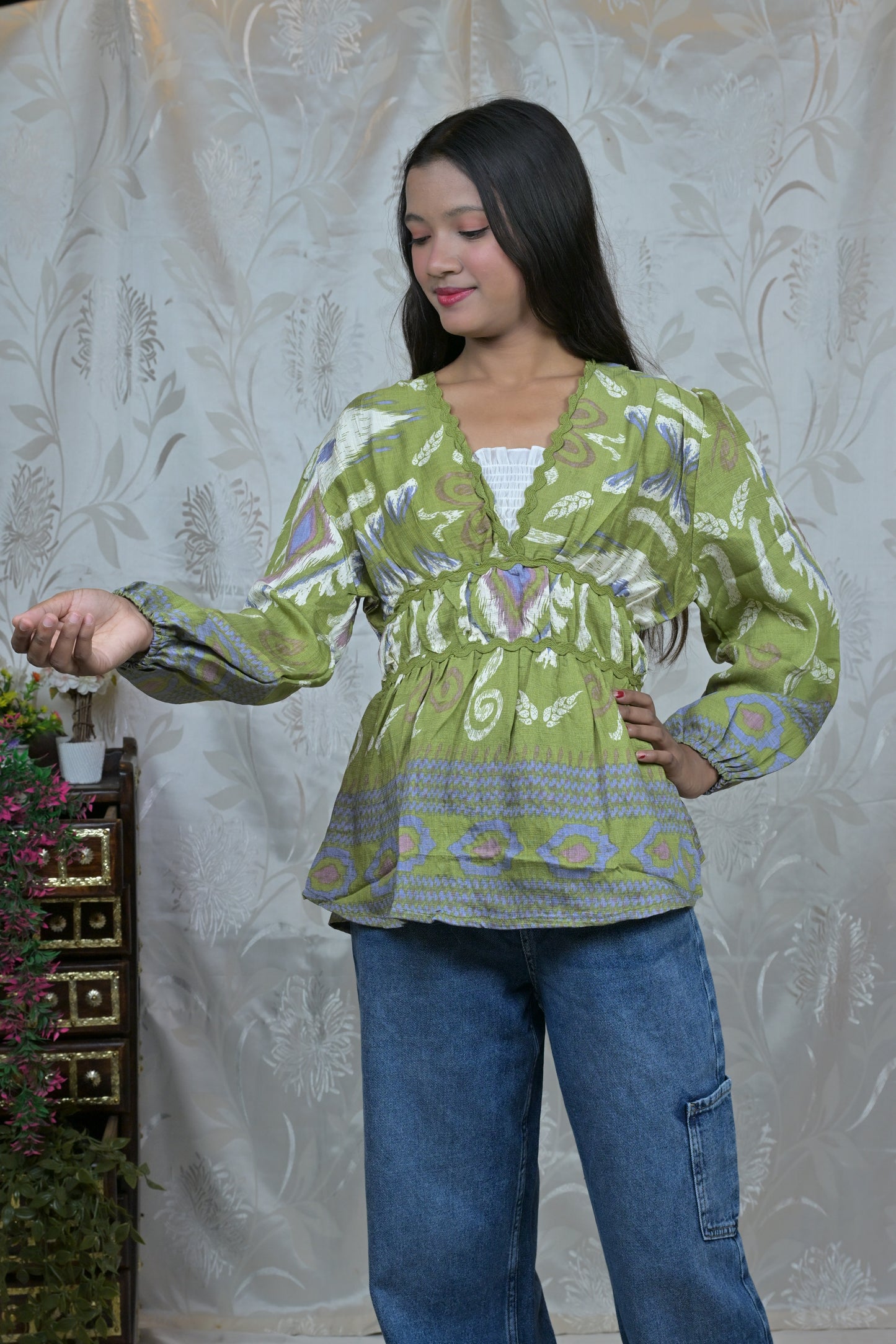 Boho Printed Empire Waist Peplum Top