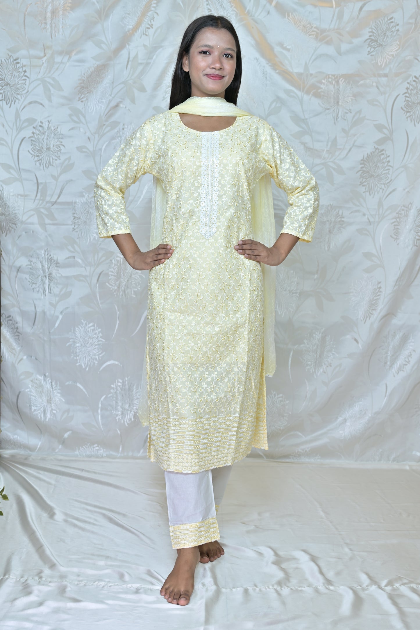 Elegant Lemon Yellow Embroidered 3-Piece Suit Set