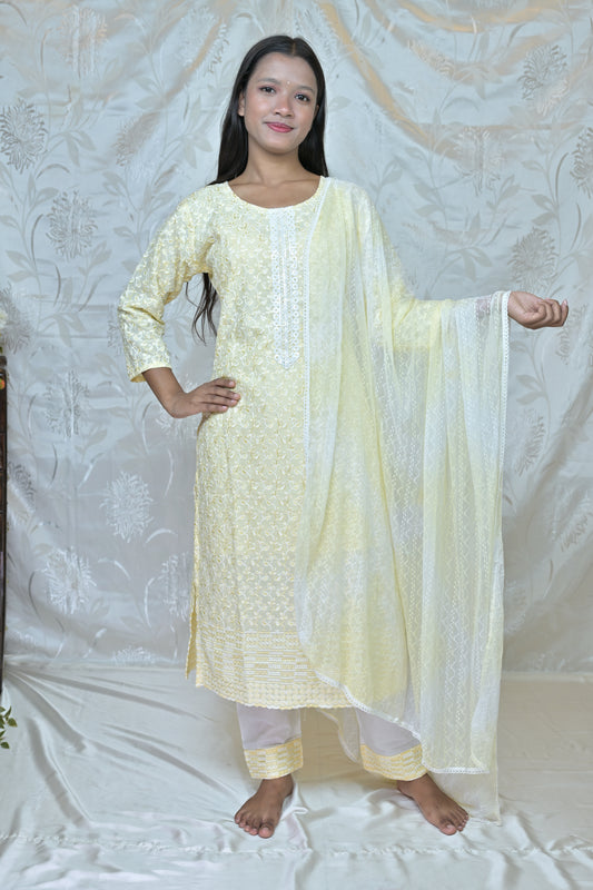 Elegant Lemon Yellow Embroidered 3-Piece Suit Set