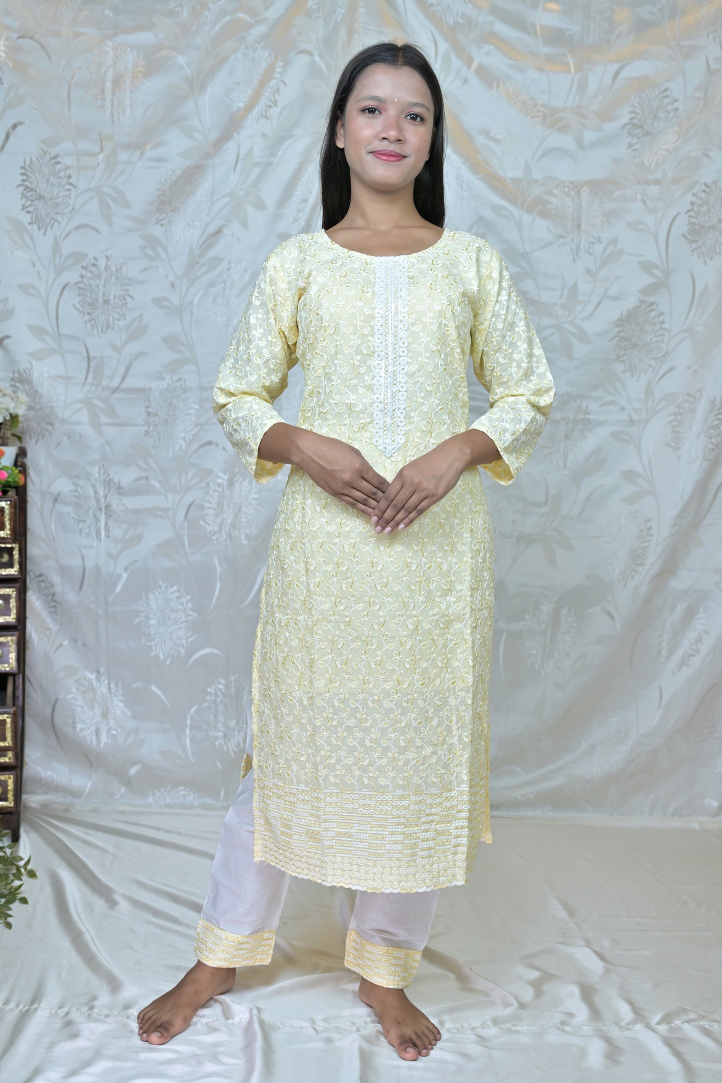 Elegant Lemon Yellow Embroidered 3-Piece Suit Set