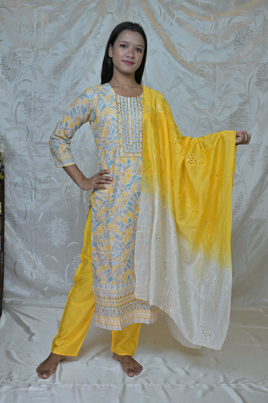 Radiant Yellow Printed & Embroidered 3-Piece Suit Set