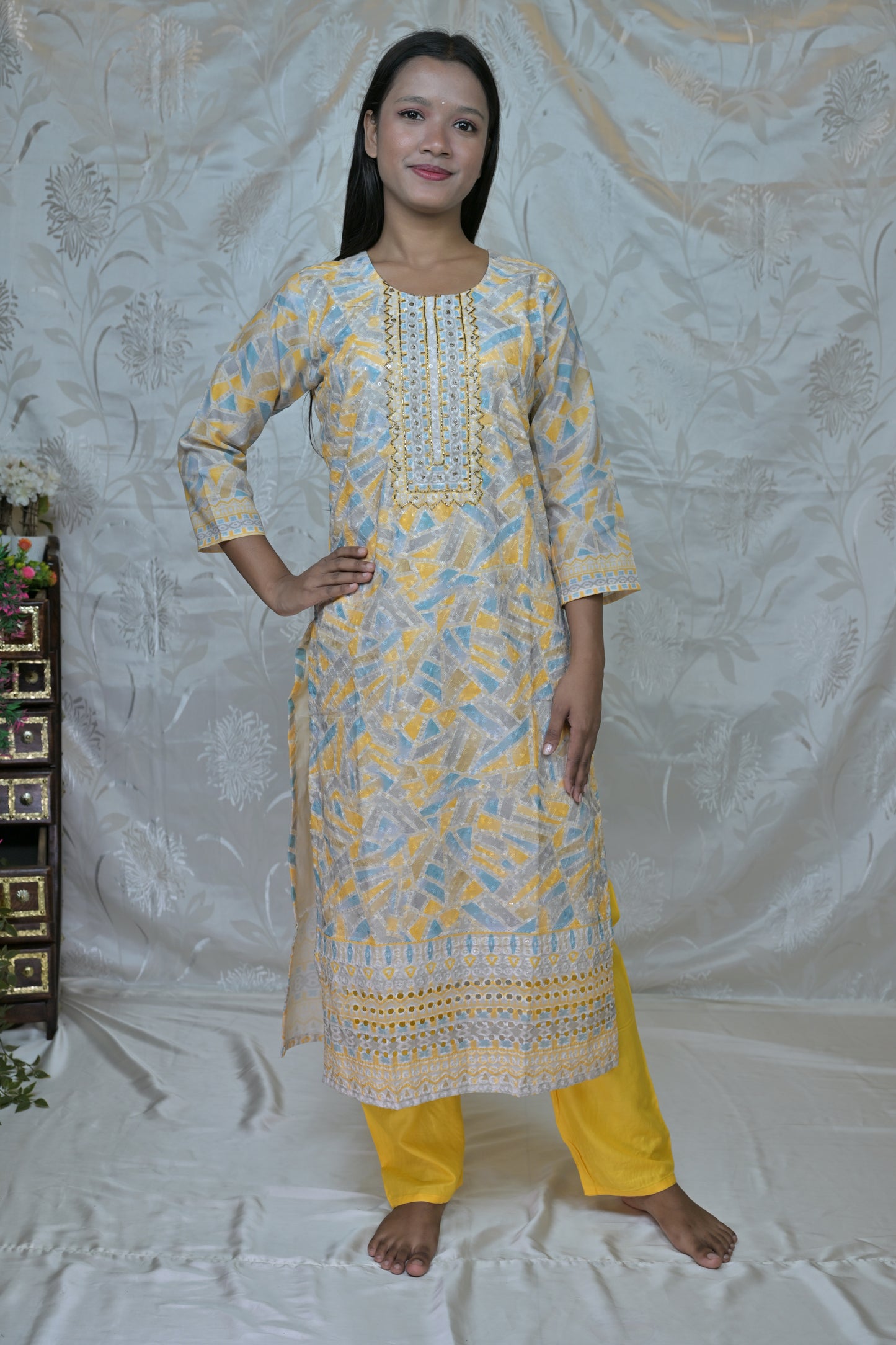 Radiant Yellow Printed & Embroidered 3-Piece Suit Set