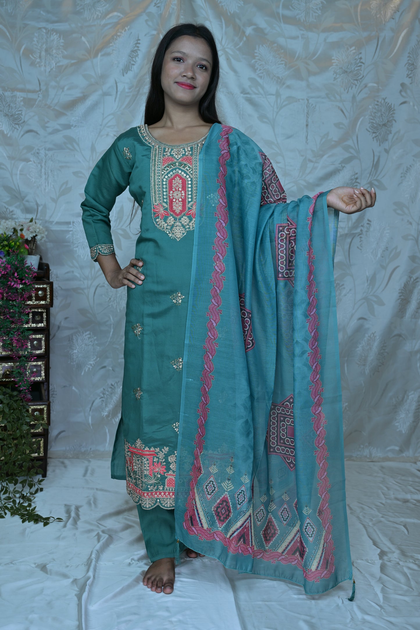 Teal Serenity" Embroidered & Printed 3PC Suit Set