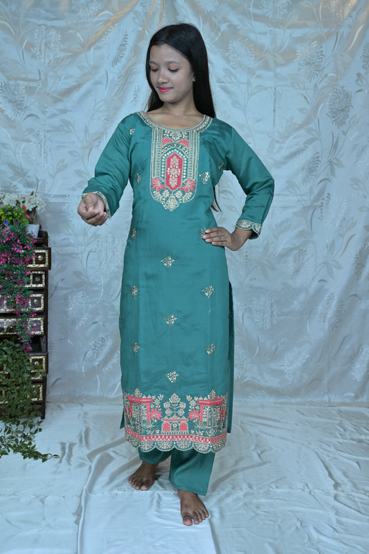 Teal Serenity" Embroidered & Printed 3PC Suit Set