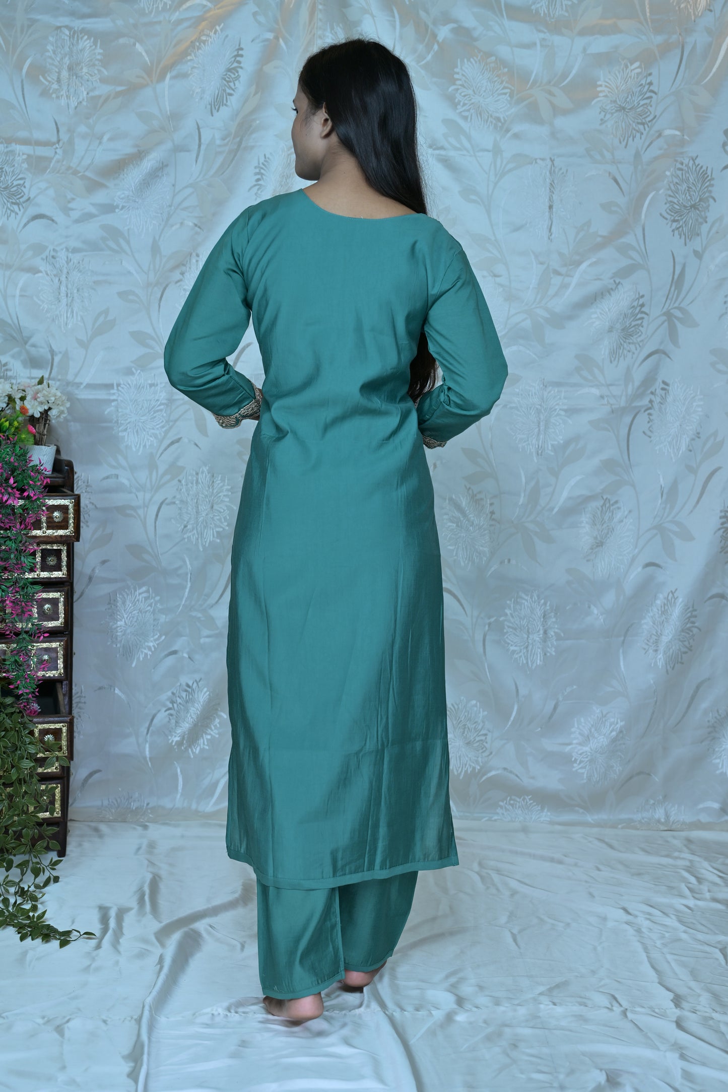 Teal Serenity" Embroidered & Printed 3PC Suit Set