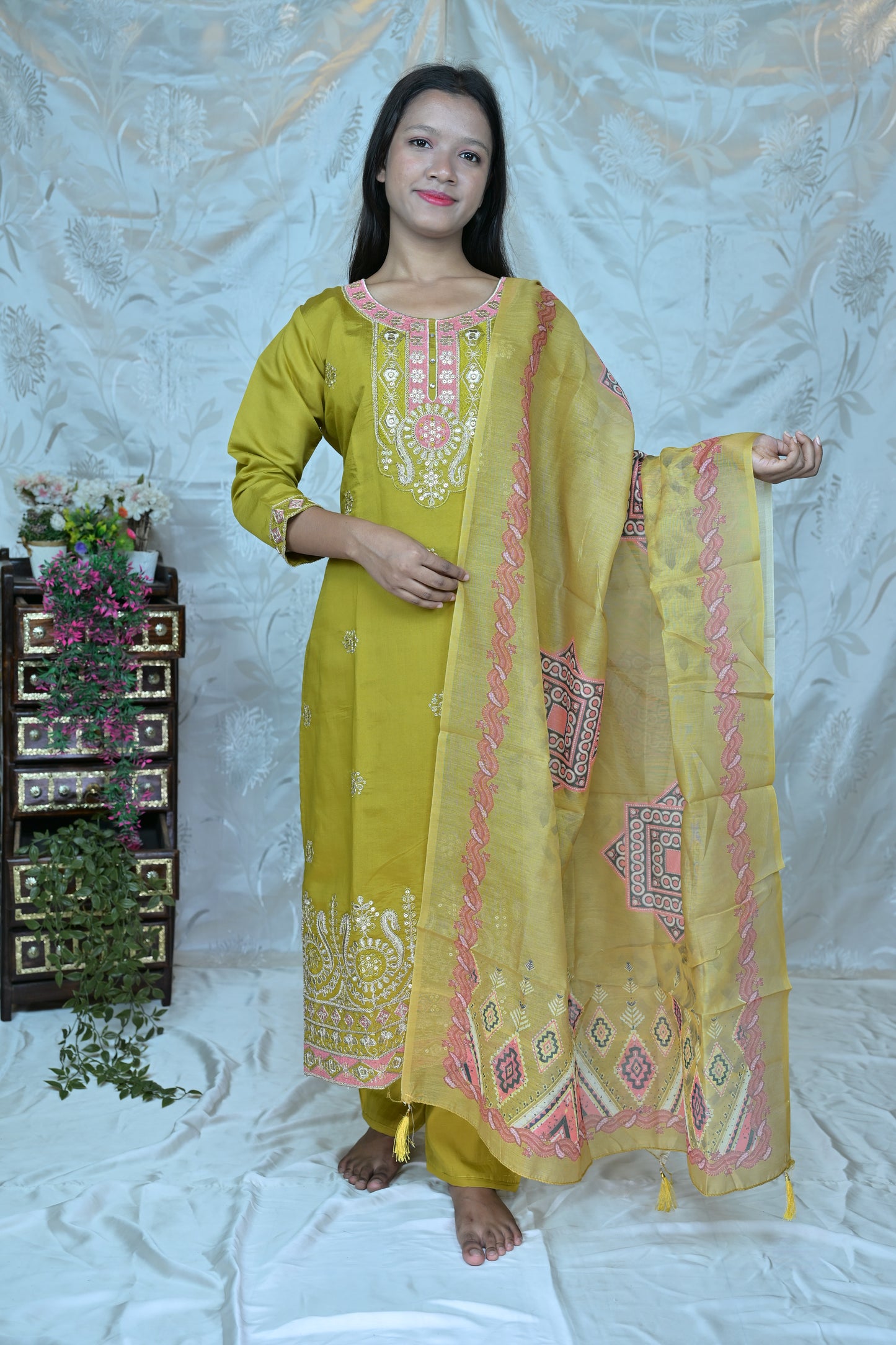Charming Olive Green 3-Piece Suit Set with Pink and White Embroidery