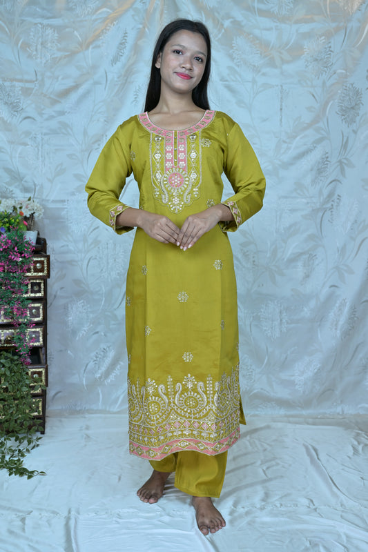 Charming Olive Green 3-Piece Suit Set with Pink and White Embroidery