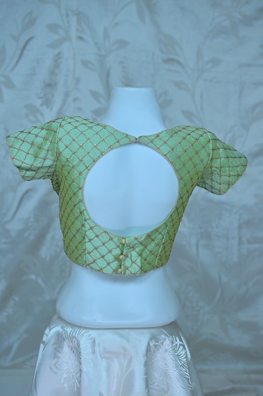 Elegant Mint Green Blouse with Gold Lattice Embroidery