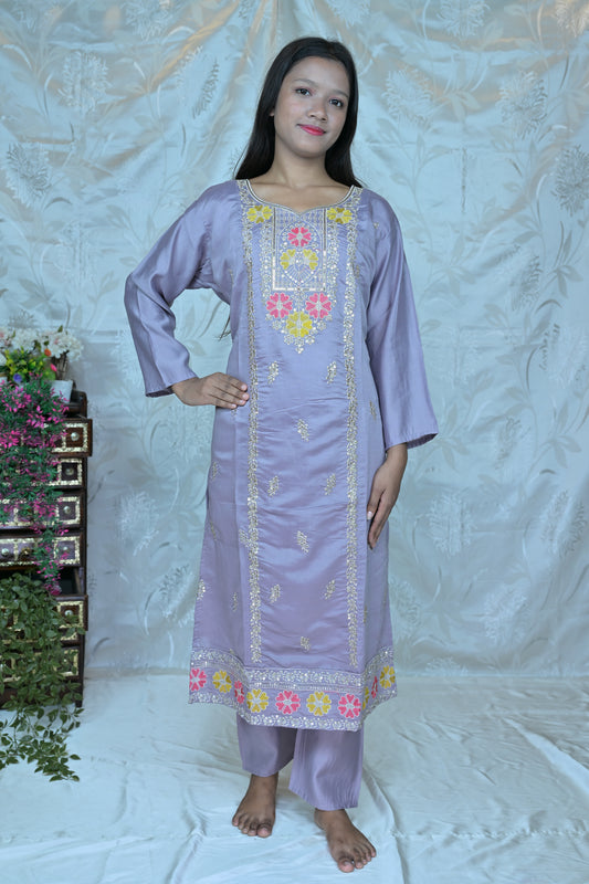 Charming Lavender 3-Piece Suit Set with Floral Embroidery