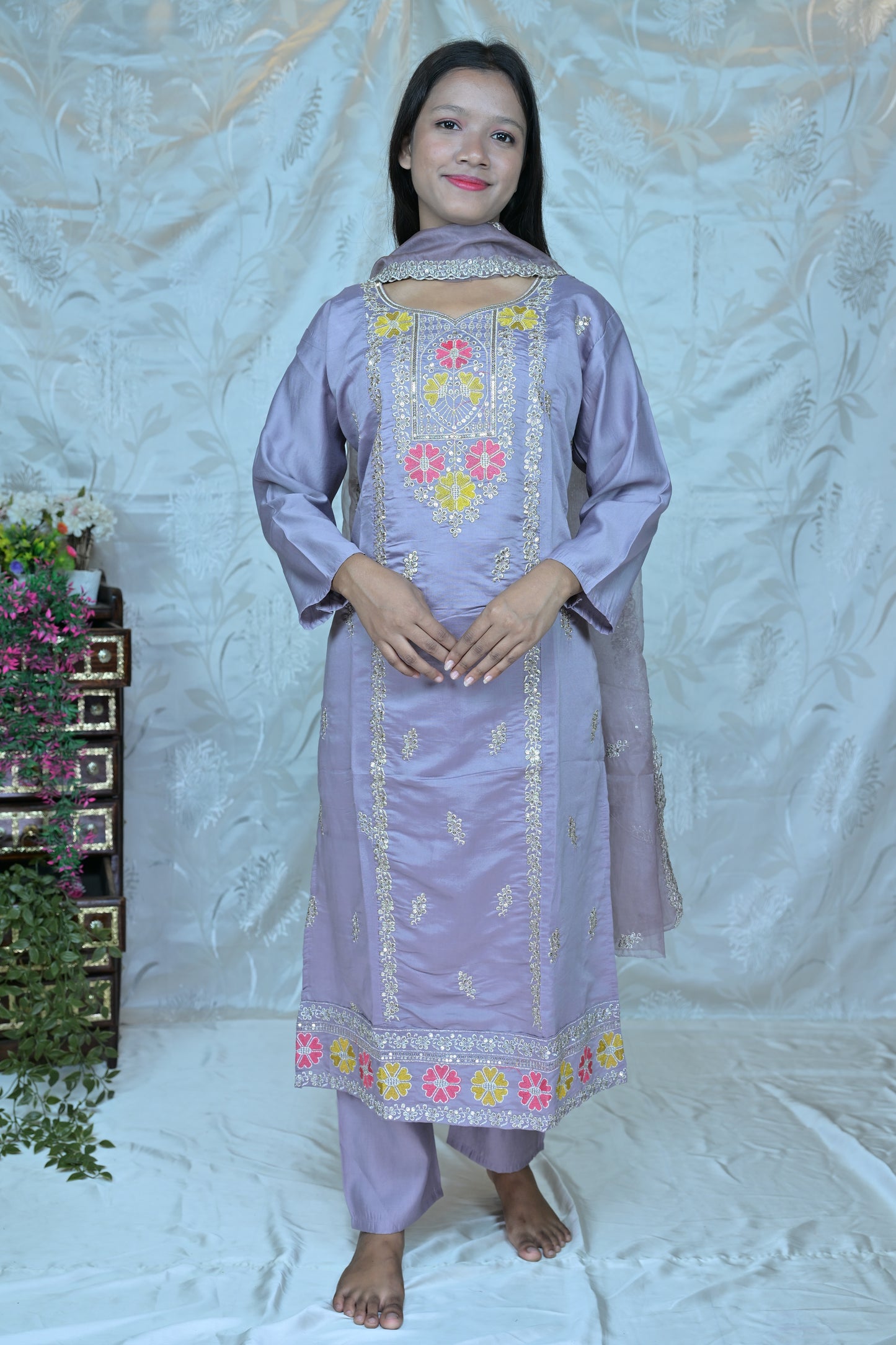 Charming Lavender 3-Piece Suit Set with Floral Embroidery