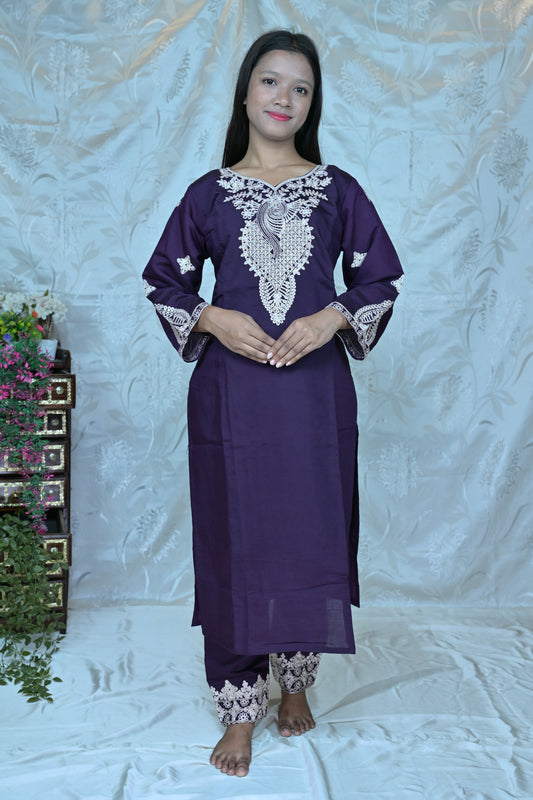 Regal Deep Purple 3-Piece Suit Set with White Embroidery