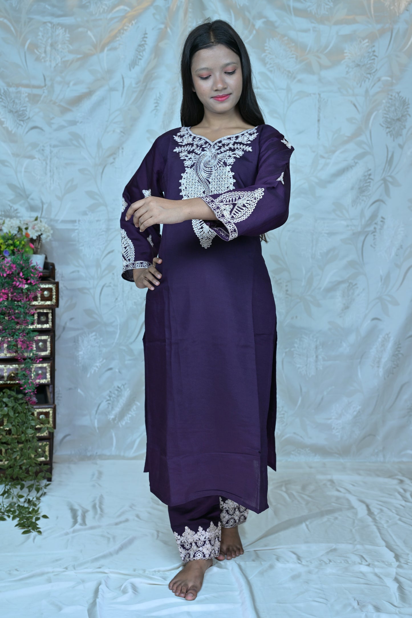Regal Deep Purple 3-Piece Suit Set with White Embroidery