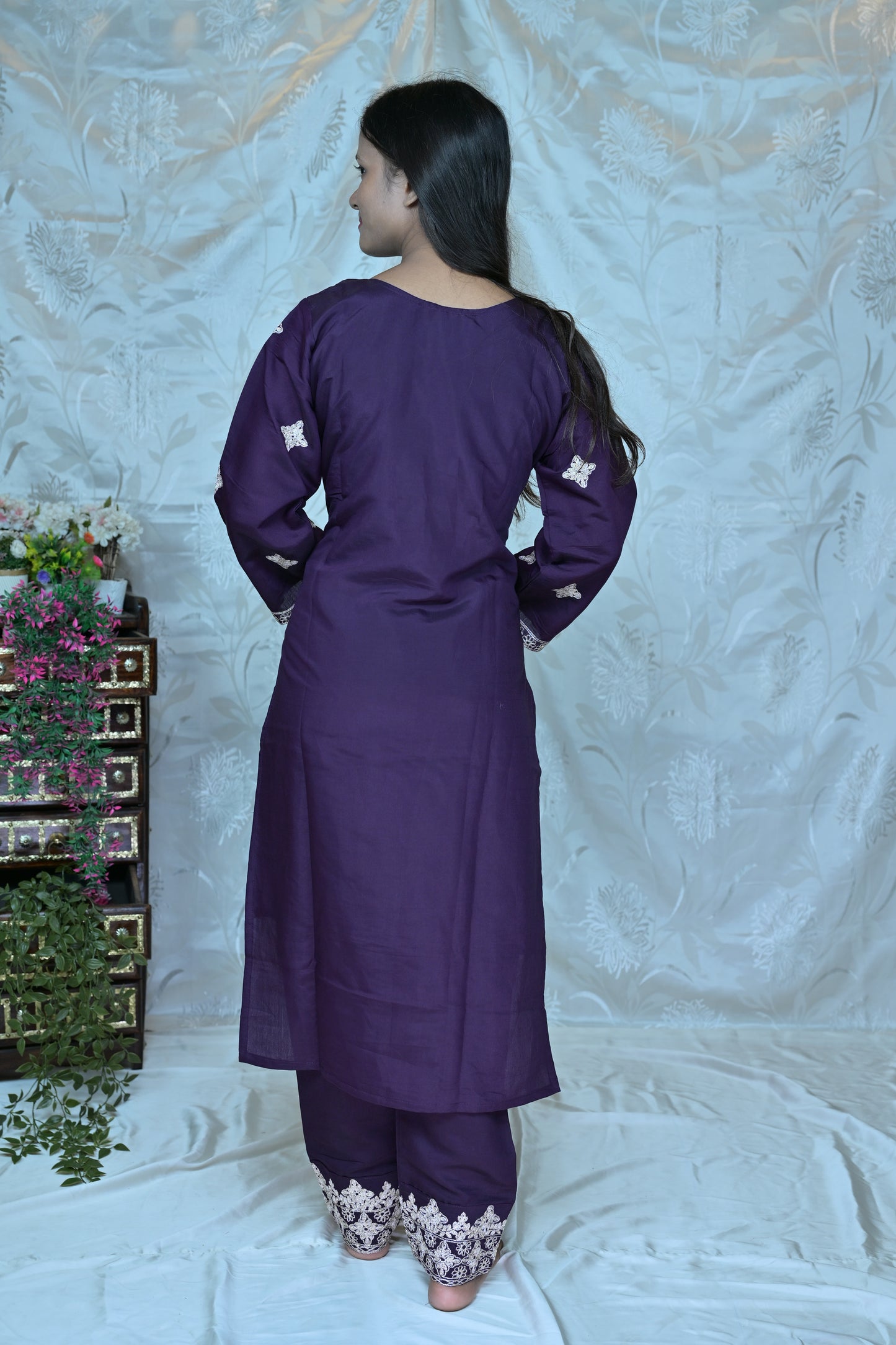 Regal Deep Purple 3-Piece Suit Set with White Embroidery