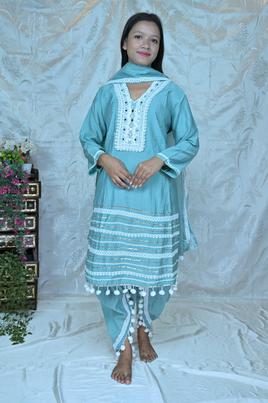 Chic Sky Blue 3-Piece Suit Set with White Lace and Pom-Pom Detailing