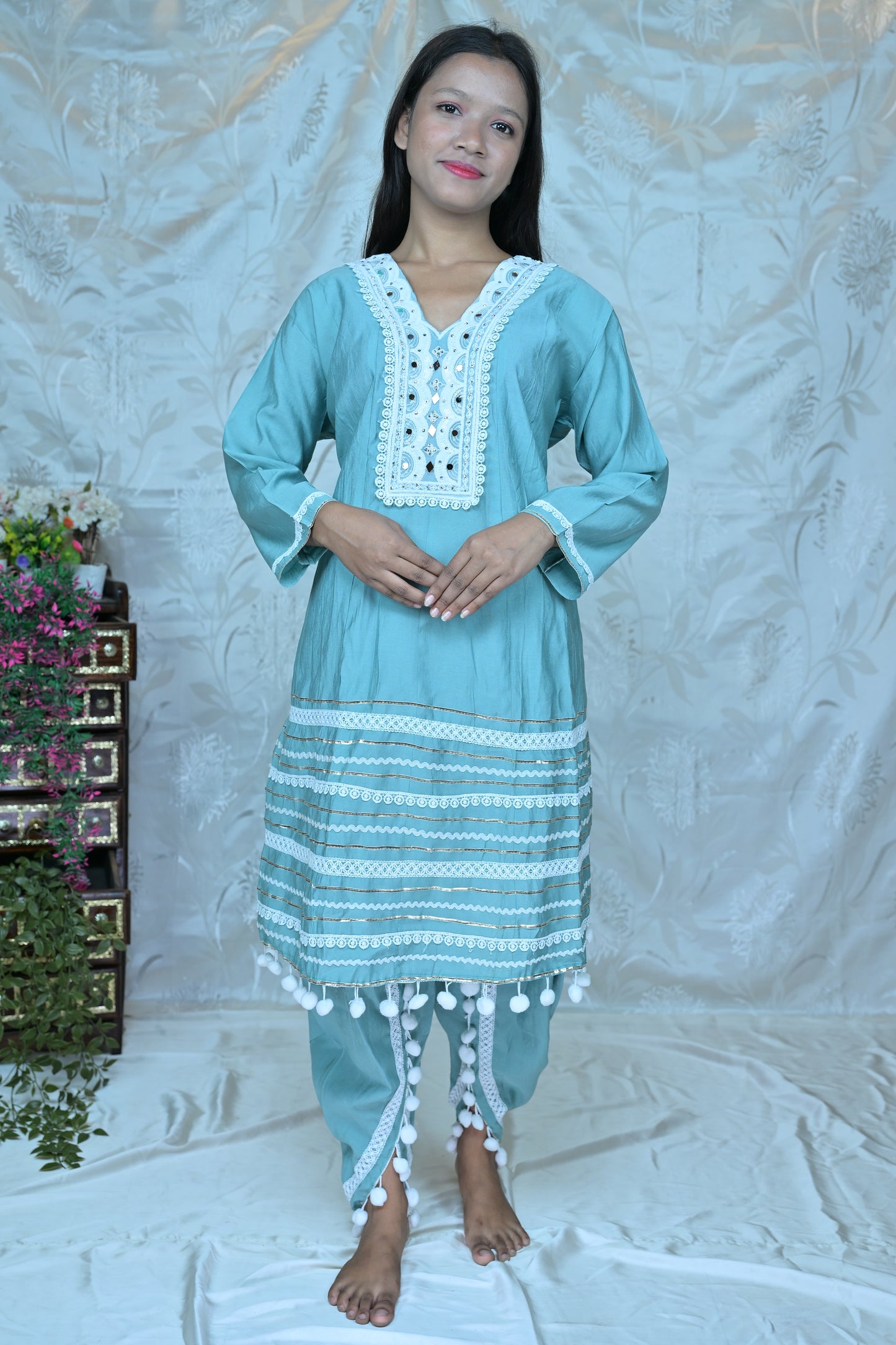 Chic Sky Blue 3-Piece Suit Set with White Lace and Pom-Pom Detailing