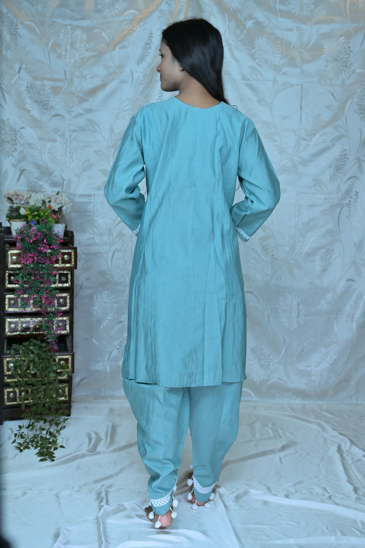Chic Sky Blue 3-Piece Suit Set with White Lace and Pom-Pom Detailing