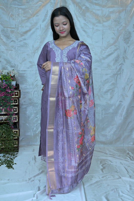 Elegant Lavender Suit Set with White Embroidery and Floral Dupatta