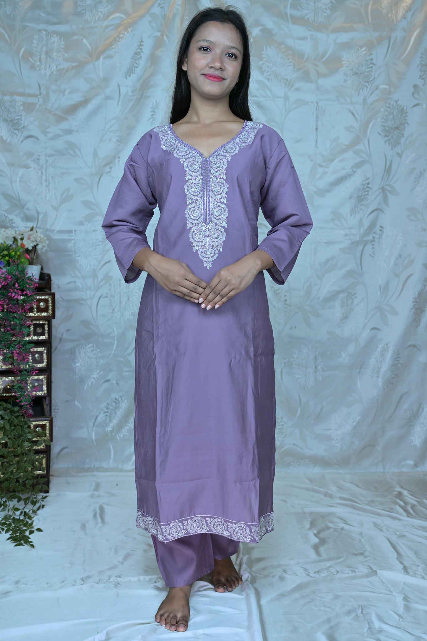 Elegant Lavender Suit Set with White Embroidery and Floral Dupatta