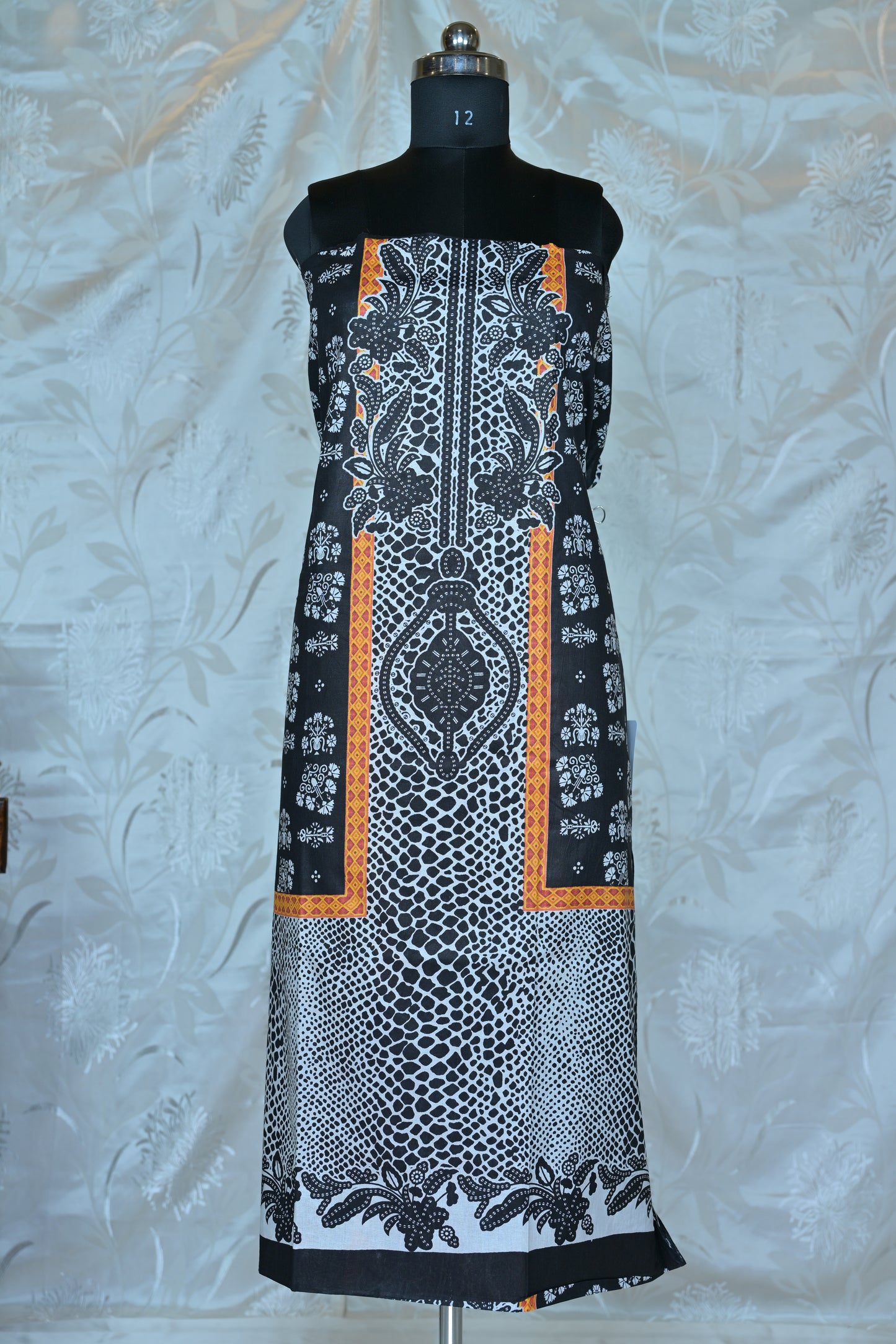 Contemporary Black & White Printed Unstitched Suit Set with Contrast Dupatta