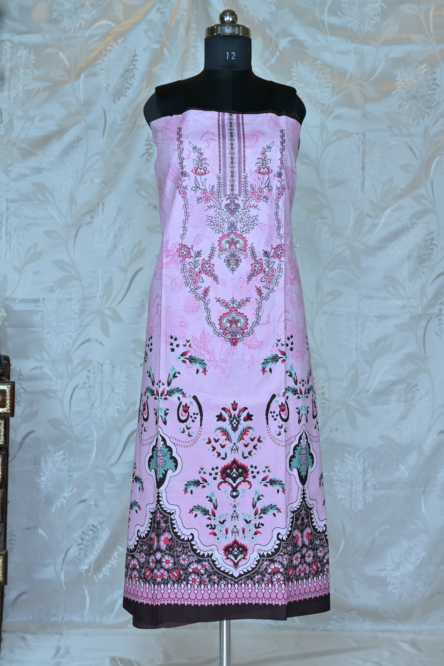 Charming Pink Printed Unstitched Suit Set with Contrasting Dupatta