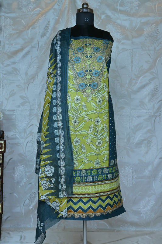 Vibrant Lime Green & Teal Printed Unstitched Suit Set