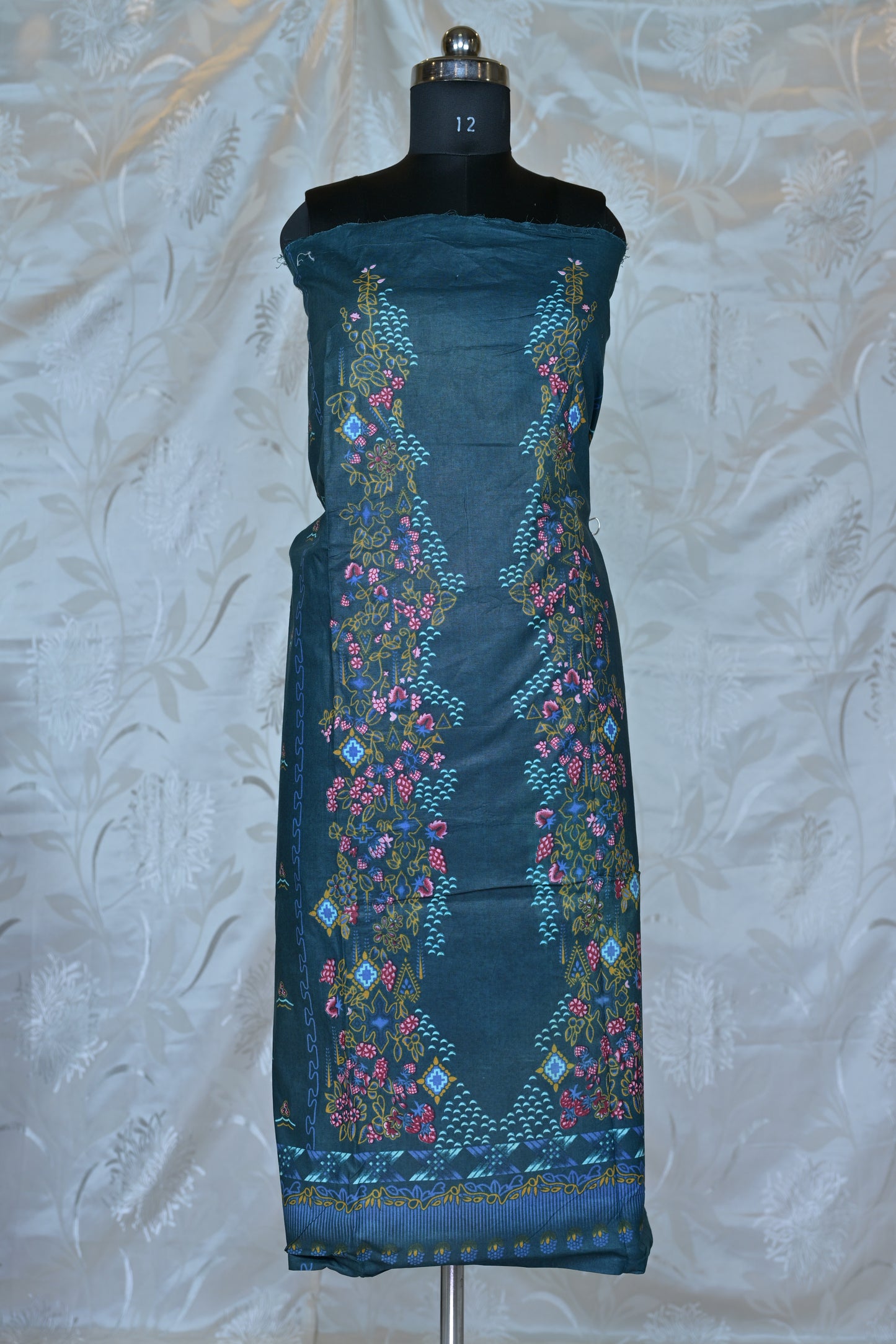 Elegant Deep Teal Printed Unstitched Suit Set with Floral Accents