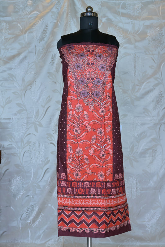 Rich Terracotta & Maroon Printed Unstitched Suit Set