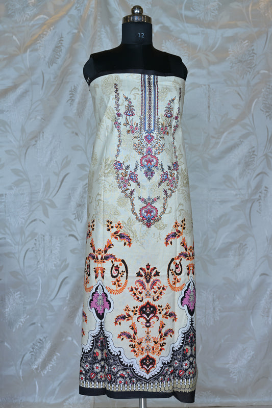 Artistic Off-White Printed Unstitched Suit Set with Bold Contrasts
