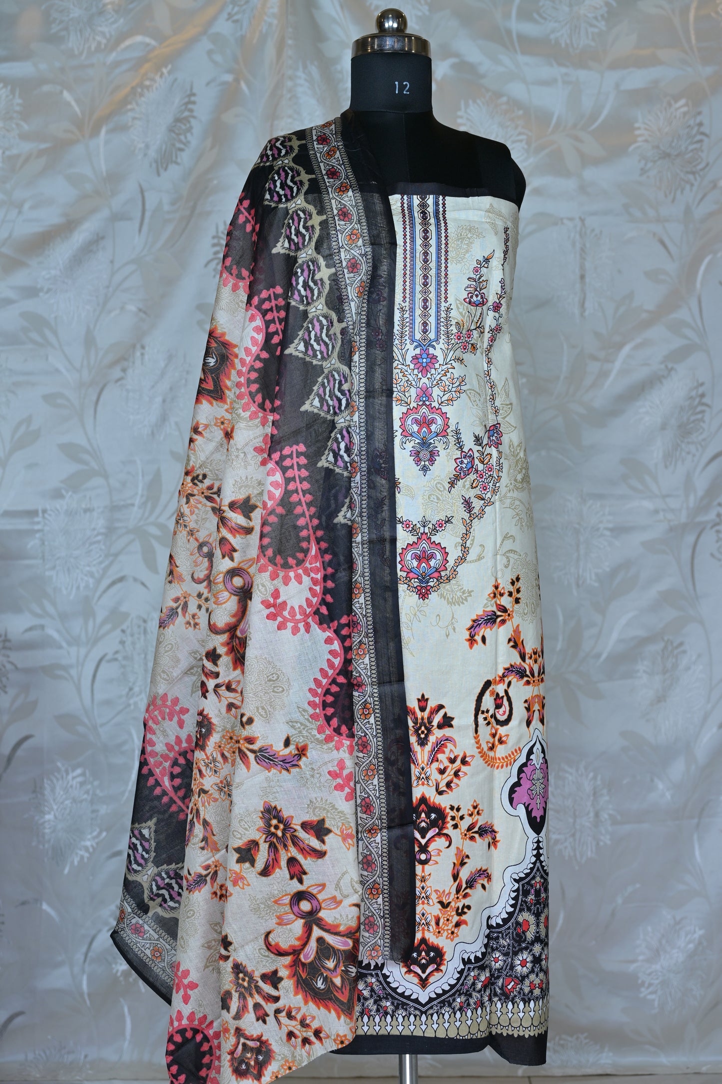 Artistic Off-White Printed Unstitched Suit Set with Bold Contrasts