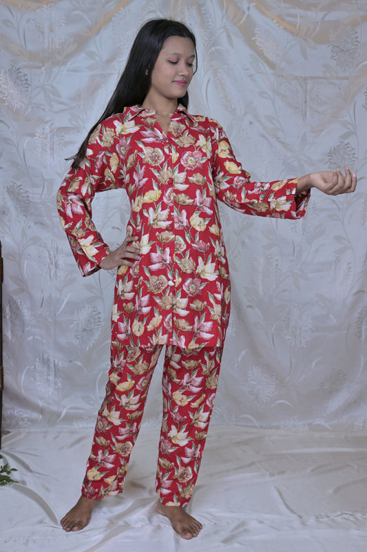 "Crimson Bloom" Floral Co-ord Lounge Set