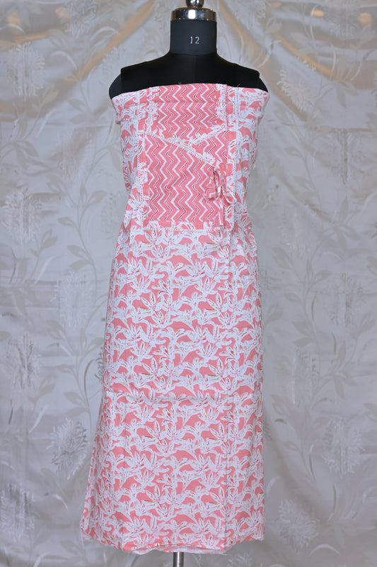 Charming Block Print 3-Piece Suit Material in Salmon Pink