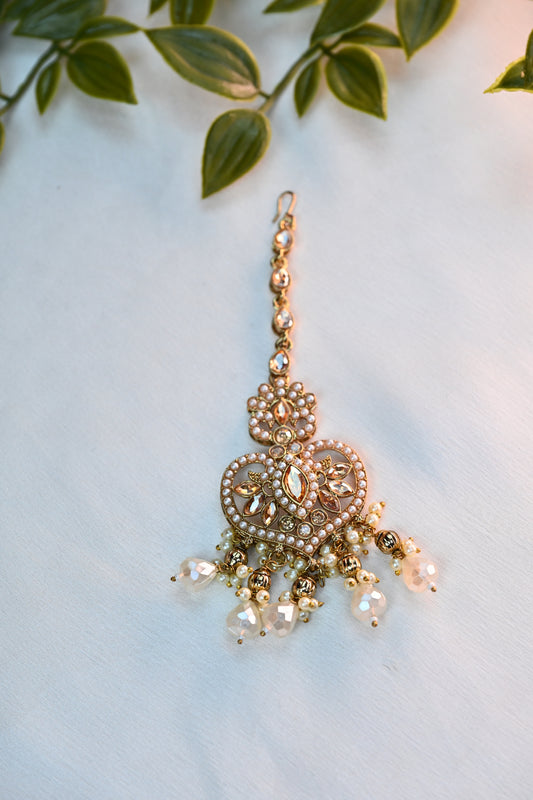 Champagne Gold Kundan Pearl Necklace Set with Earrings Maang Tikka