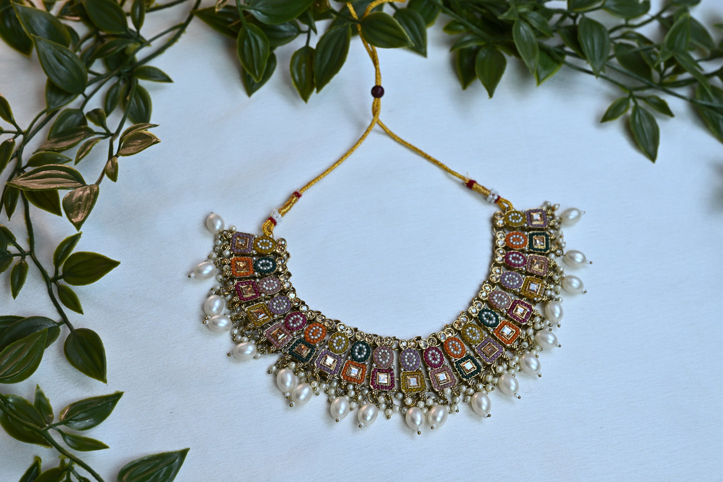 Boho Multicolor Enamel & Pearl Necklace Set with Earrings & Maang Tikka