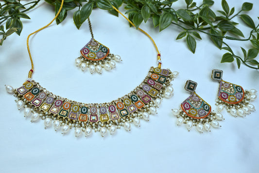 Boho Multicolor Enamel & Pearl Necklace Set with Earrings & Maang Tikka