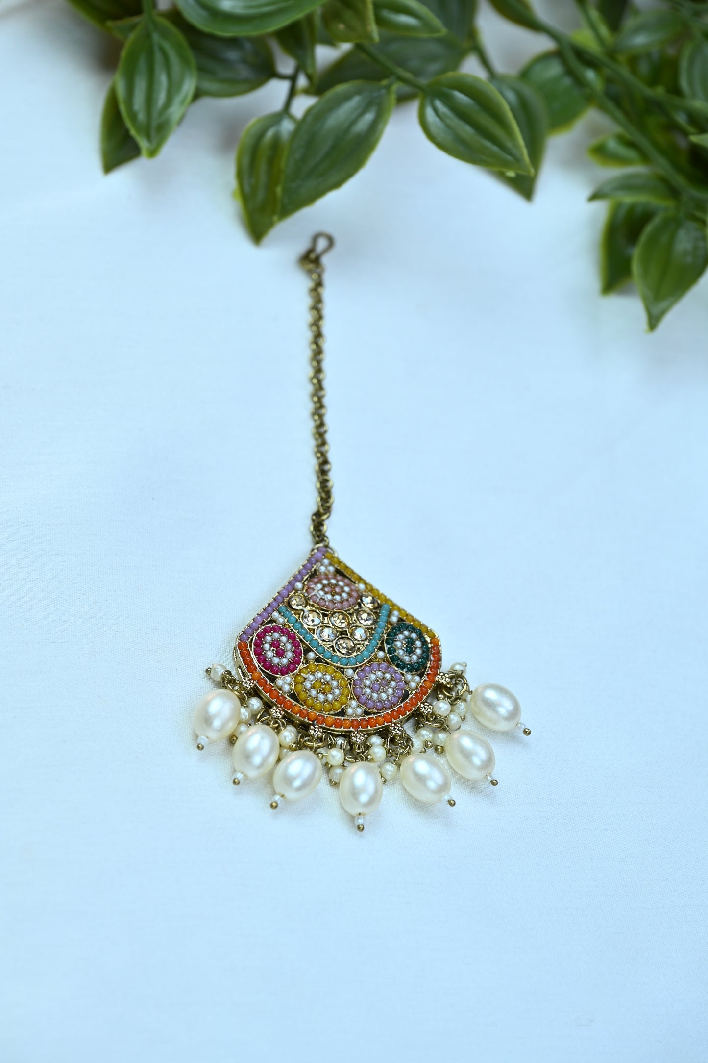 Boho Multicolor Enamel & Pearl Necklace Set with Earrings & Maang Tikka