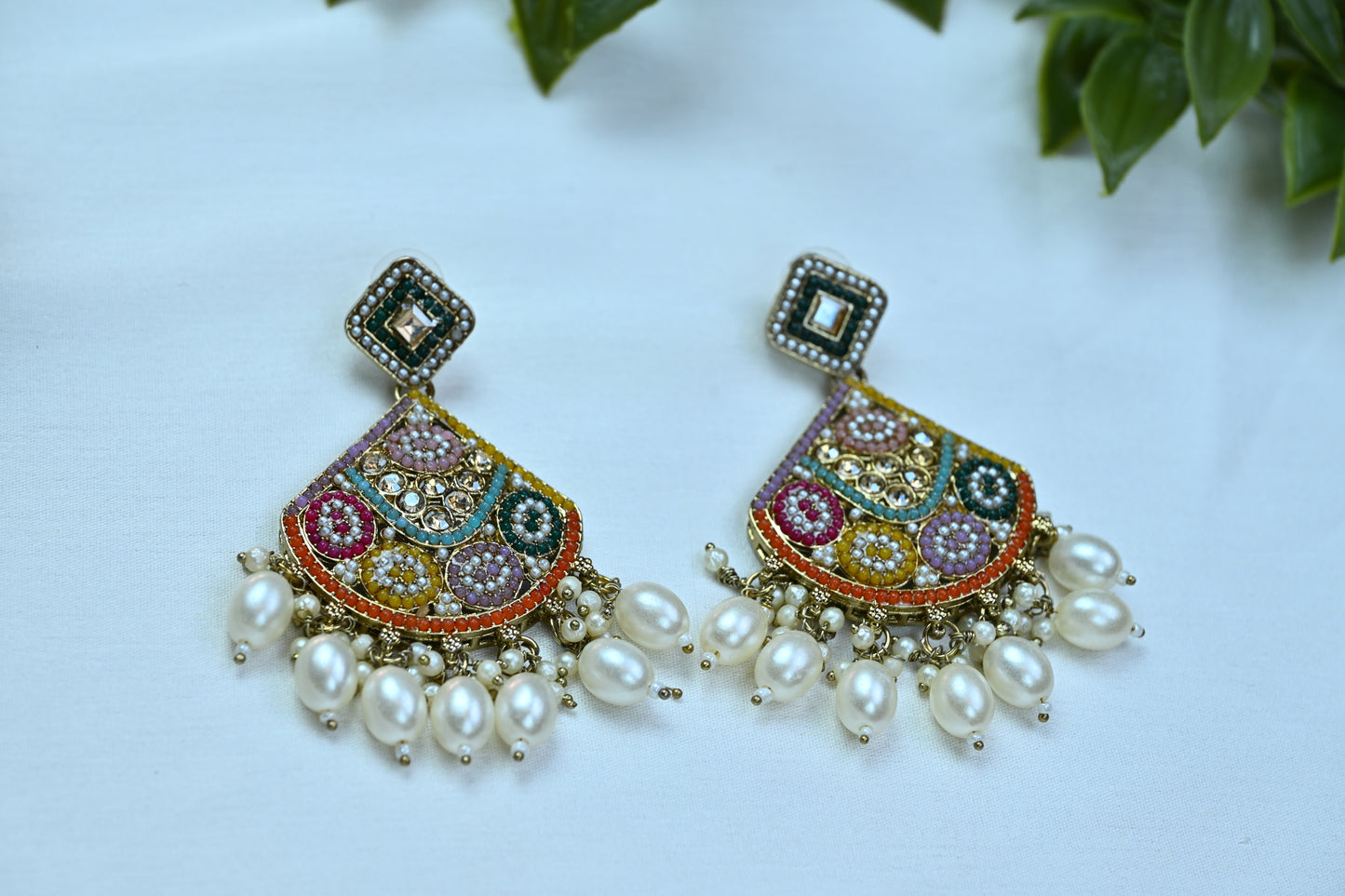 Boho Multicolor Enamel & Pearl Necklace Set with Earrings & Maang Tikka