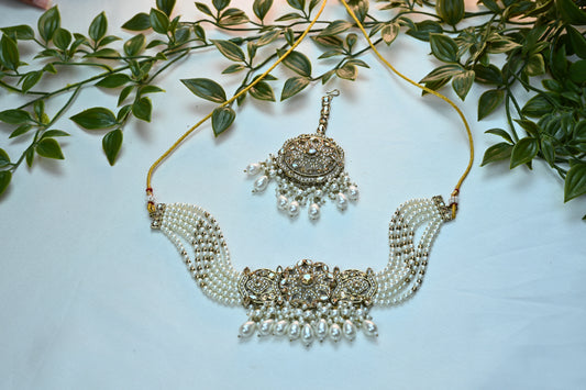Regal Pearl Kundan Choker Set with Jhumka Earrings & Maang Tikka