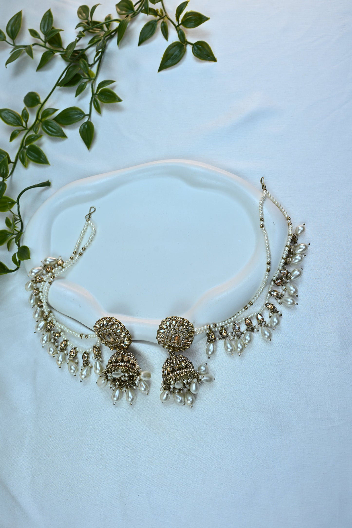 Kundan & Pearl Bridal Jewelry Set with Bahubali Earrings