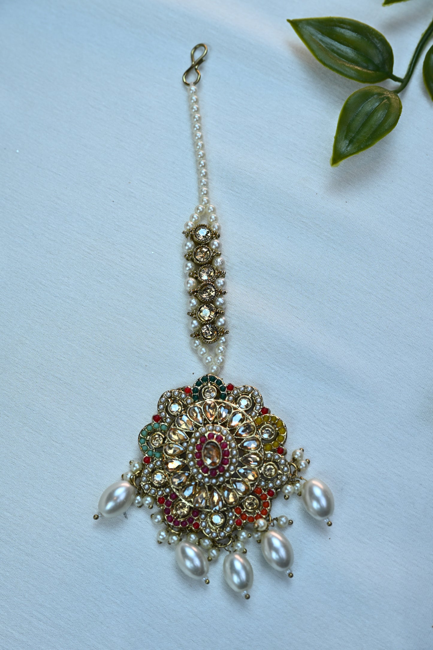 Multicolor Kundan & Pearl Bridal Jewelry Set with Bahubali Earrings