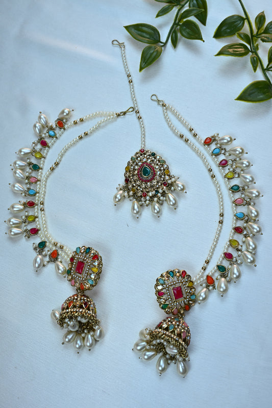 Royal Multicolor Kundan Pearl Bridal Set with Bahubali Earrings