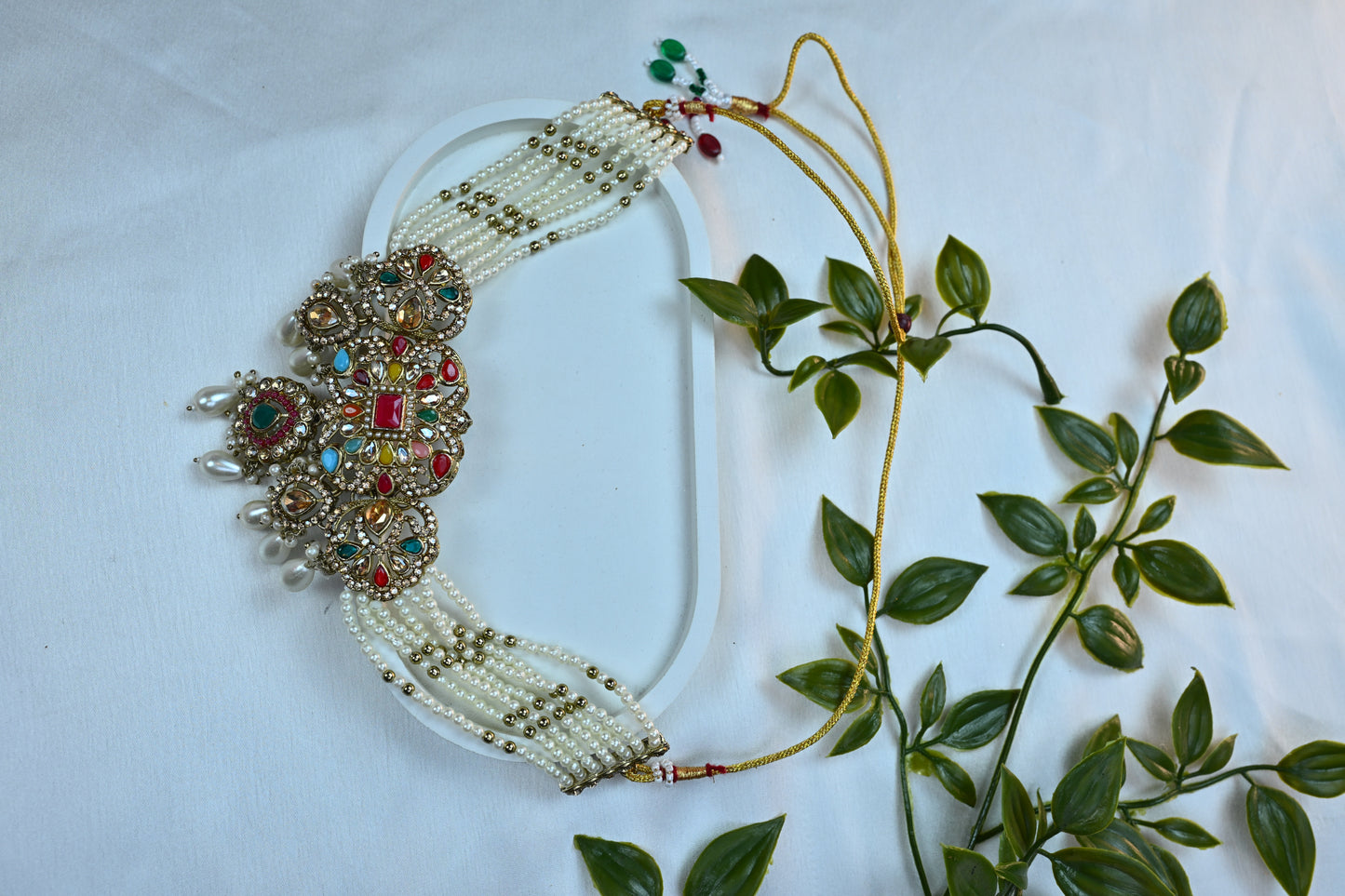 Royal Multicolor Kundan Pearl Bridal Set with Bahubali Earrings