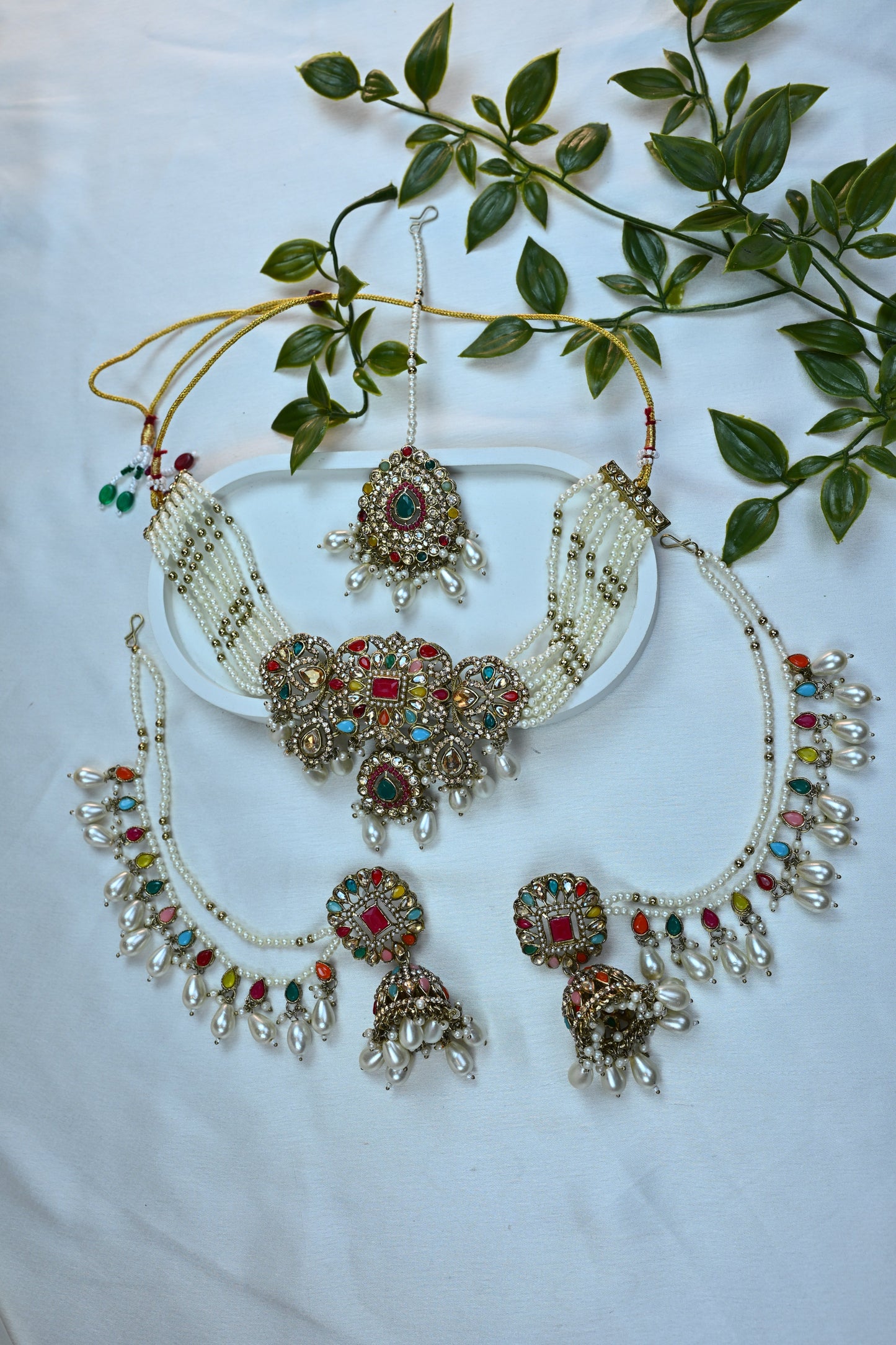 Royal Multicolor Kundan Pearl Bridal Set with Bahubali Earrings