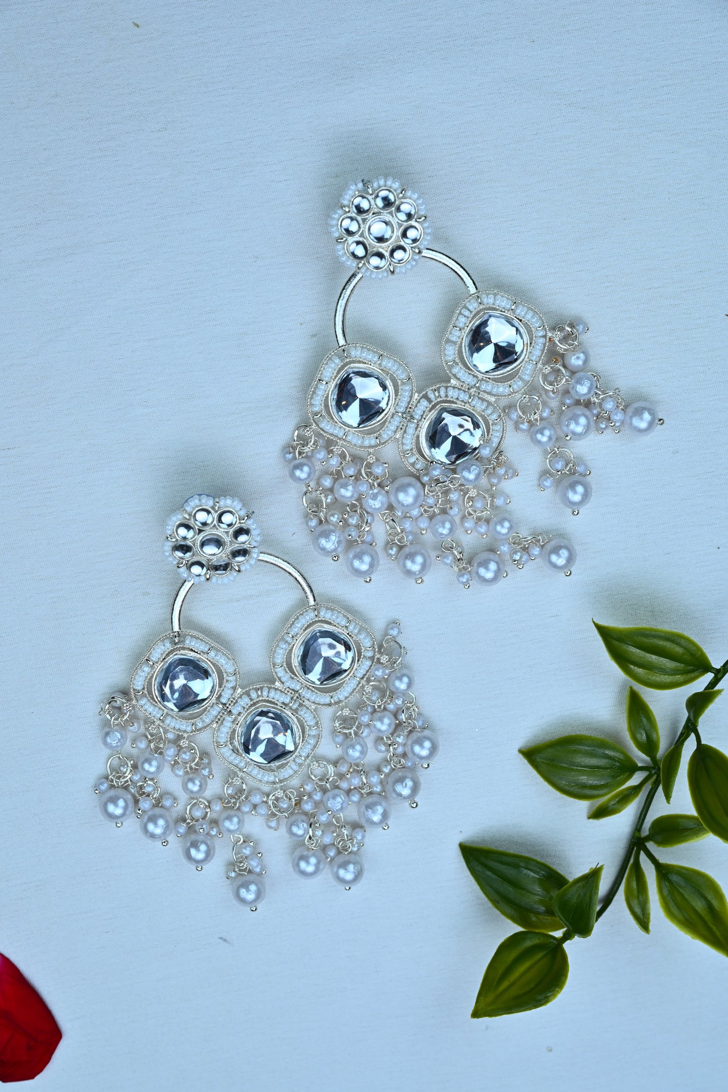 Graceful Pearl & Mirror Stone Statement Earrings