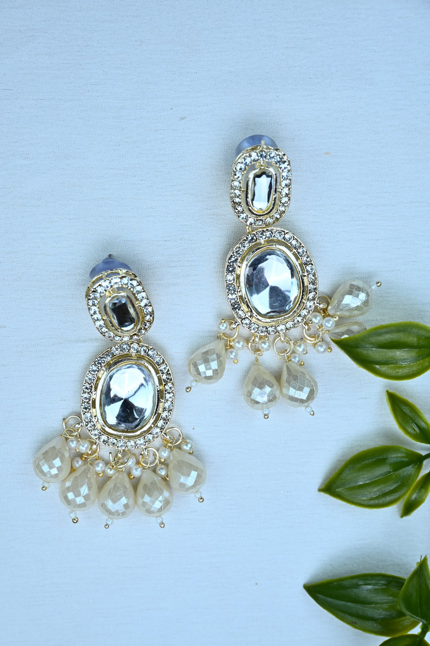 Gold-Toned Crystal Drop Earrings with Beaded Accents