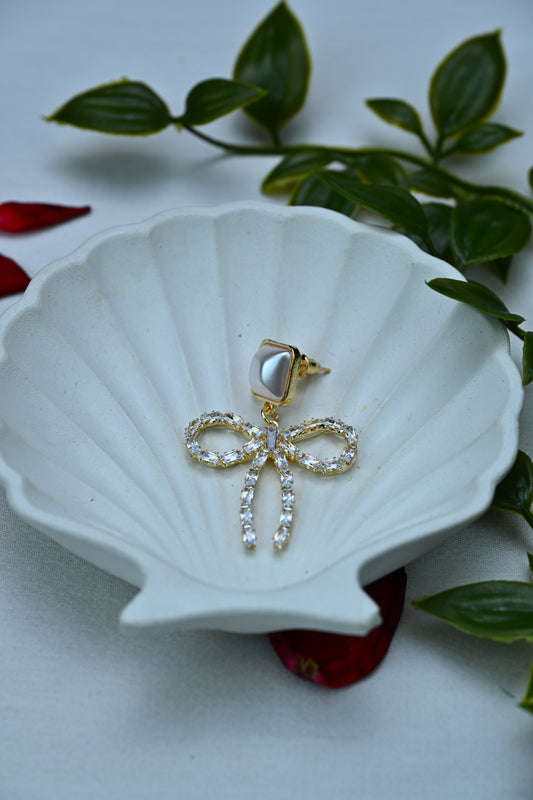 Glam Gold Rhinestone and Pearl Bow Earrings