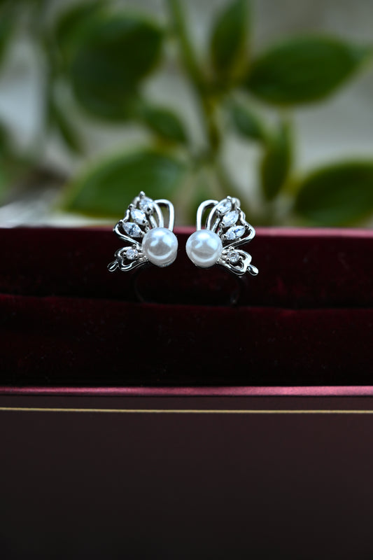 Stainless Steel CZ Butterfly Ring with Pearl Accent