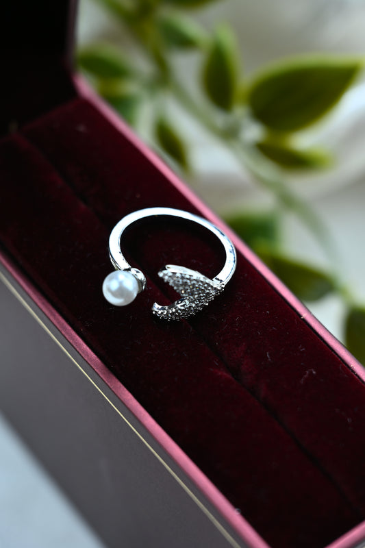 Silver Butterfly Open Ring with White Freshwater Pearl & Zircon Gemstones