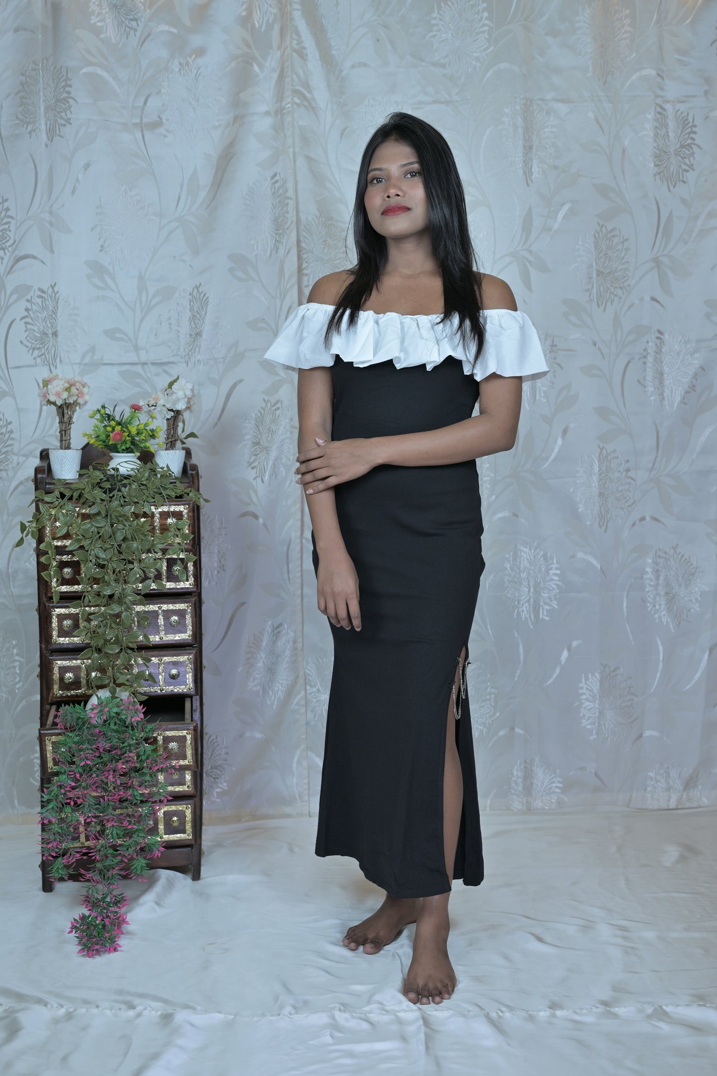 Elegant Off-Shoulder Ruffle Korean Dress