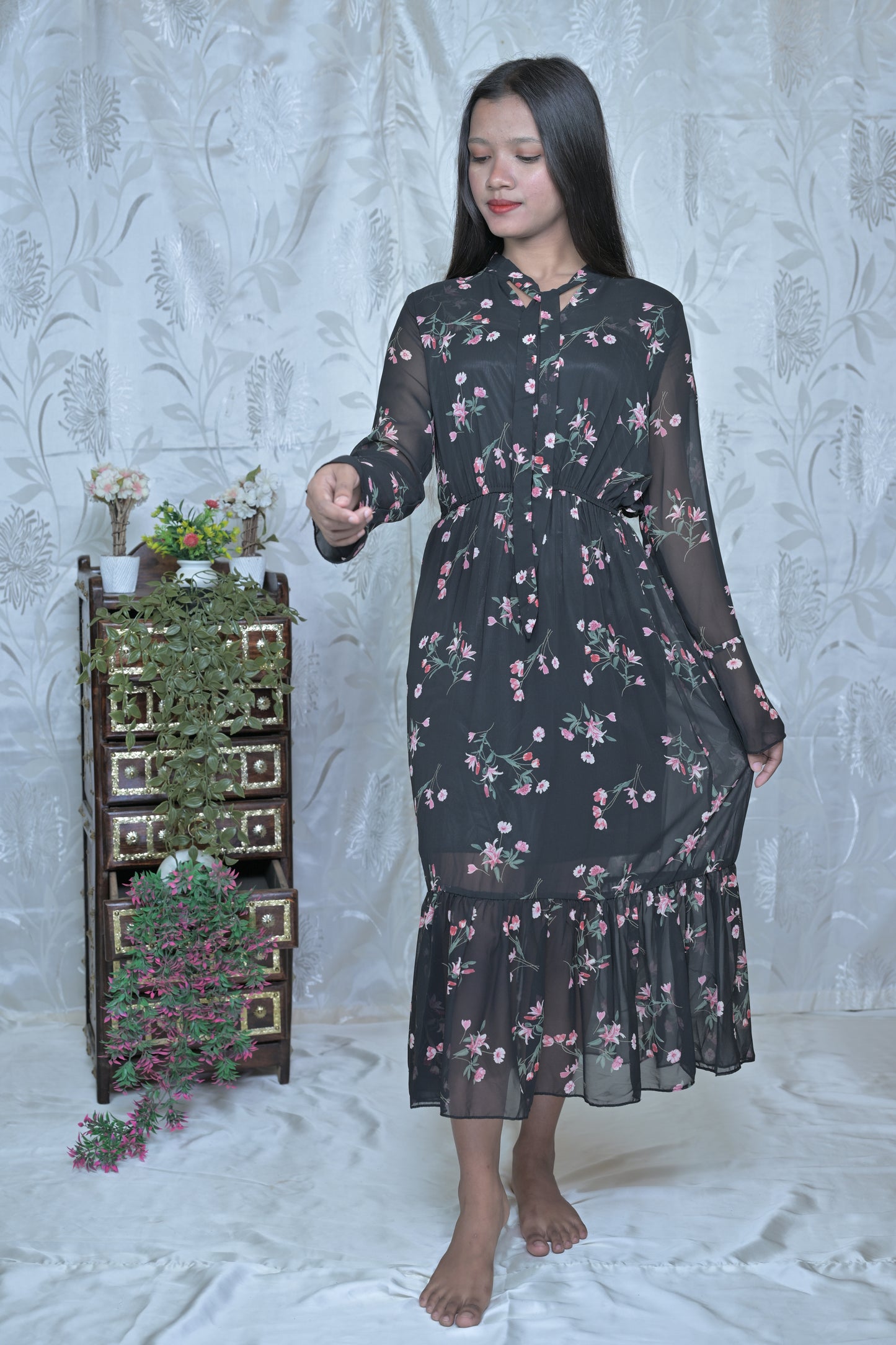 Midnight Blossom Sheer Maxi Dress